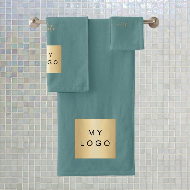 Green dark cyan gold text company business logo bath towel set (Creator Uploaded)