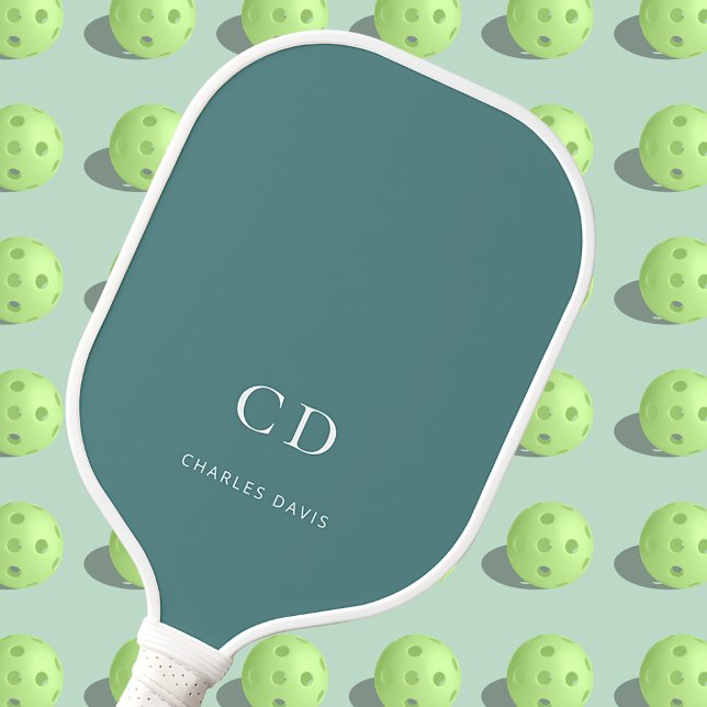 Green dark cyan monogram initials name pickleball paddle (Creator Uploaded)