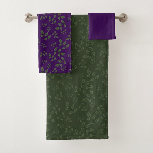 Green dark purple green pattern leaves  bath towel set (Insitu)