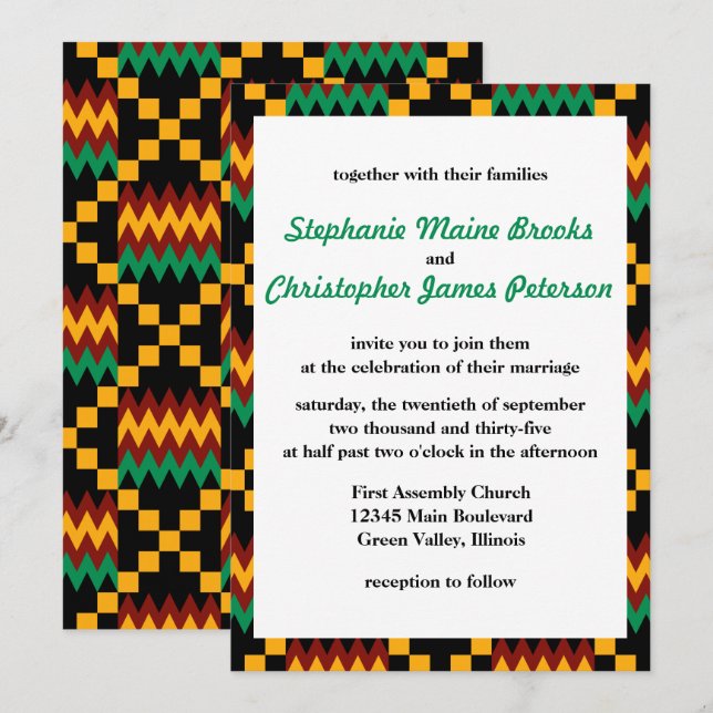 Green, Dark Red, Yellow Kente Cloth Invitation (Front/Back)
