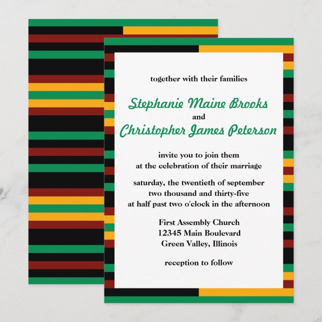 Green, Dark Red, Yellow Kente Cloth Stripes Invitation (Front/Back)