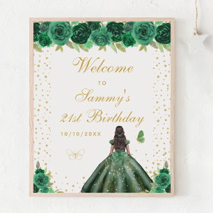 Green Dark Skin Girl Birthday Party Welcome Poster