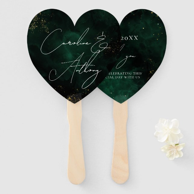 Green Dark Watercolor Black Magical Gold  Hand Fan (Front and Back)