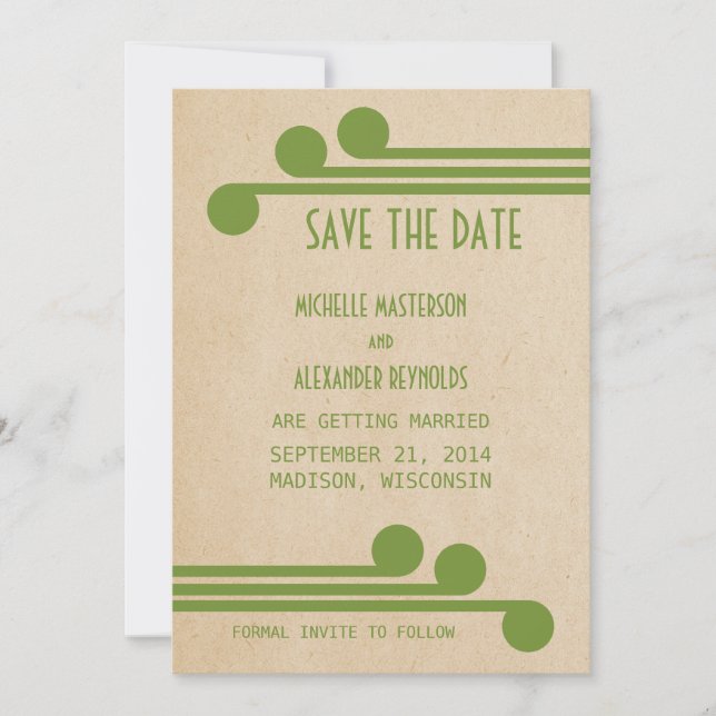 Green Deco Chic Save the Date Invite (Front)