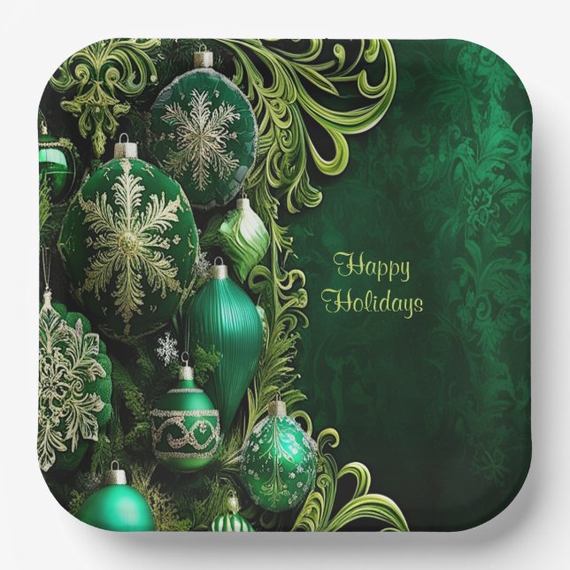 Green Decorative Ornaments Holiday Paper Plate (Front)