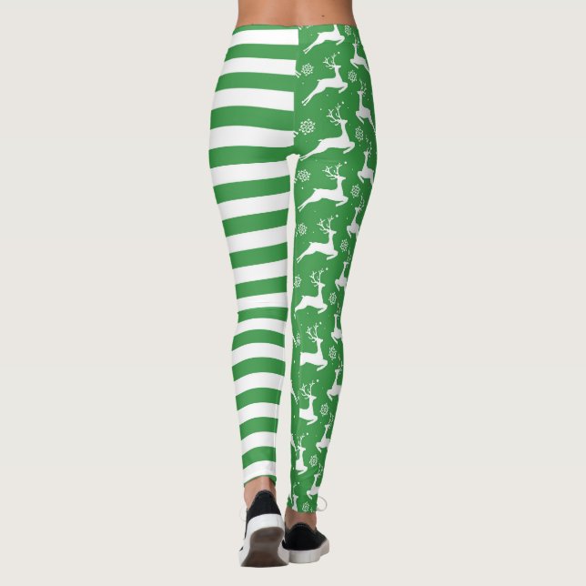 Green Deer and Stripes Christmas Leggings (Back)