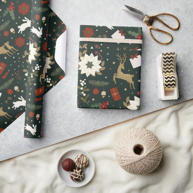 Green Deers Hand drawn Christmas Pattern Design Wrapping Paper (Crafts)