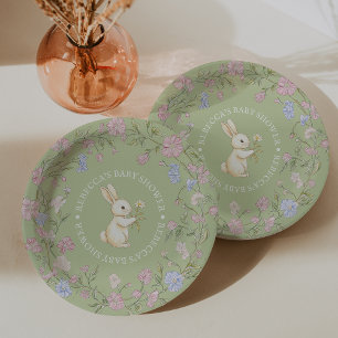 Green Delicate Vintage Floral Bunny Baby Shower Paper Plate