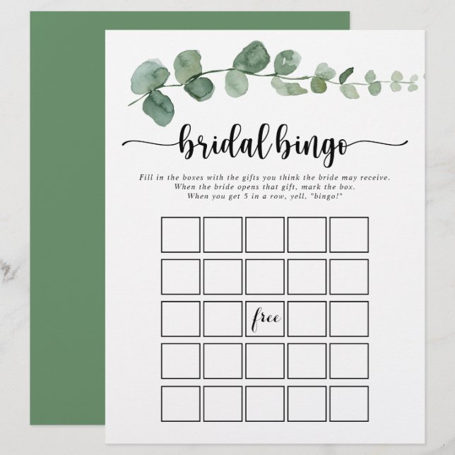 Green Delight Eucalyptus Bridal Bingo Game (Front/Back)