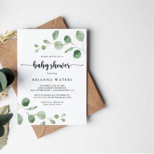Green Delight Eucalyptus Calligraphy Baby Shower Invitation