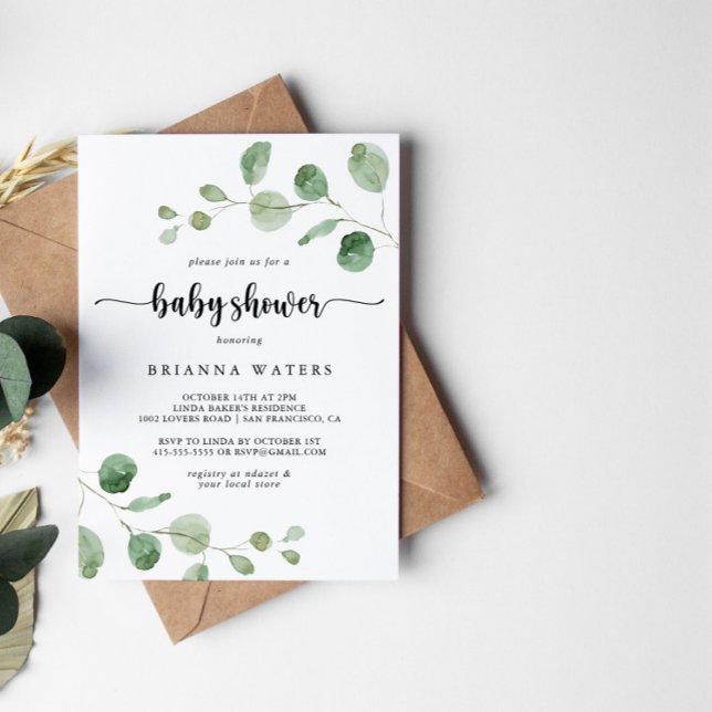 Green Delight Eucalyptus Calligraphy Baby Shower  Invitation (Creator Uploaded)