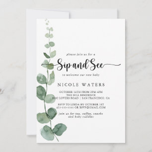 Green Delight Eucalyptus Calligraphy Sip and See Invitation