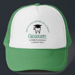 Green Dental School Custom Dentist Graduation Trucker Hat<br><div class="desc">This custom green dental school graduation hat keepsake features a tooth wearing a graduation cap for a class of 2025 dentistry graduate. Customise with your graduating year for a great personalised dental hygienist,  orthodontist,  or dentist graduation gift.</div>