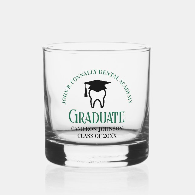 Green Dental School Custom Dentist Graduation Whiskey Glass (Front)