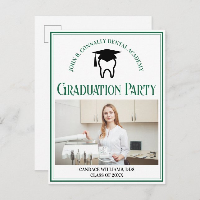 Green Dental School Photo Custom Graduation Party Invitation Postcard (Front/Back)