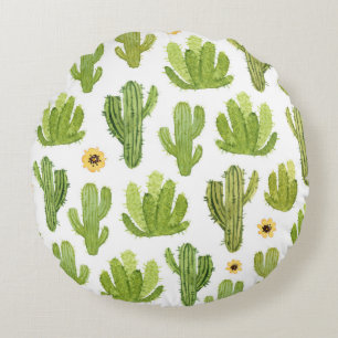 Green Desert Cactus: Watercolor Seamless Round Cushion