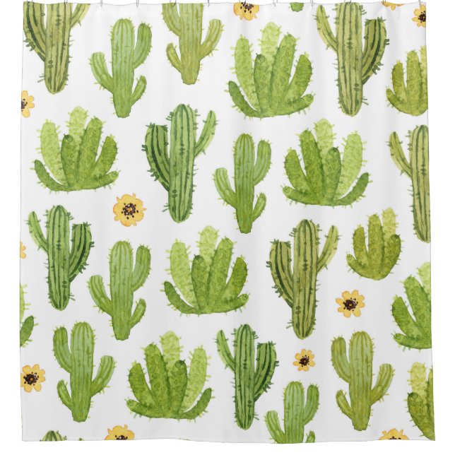 Green Desert Cactus: Watercolor Seamless Shower Curtain (Front)
