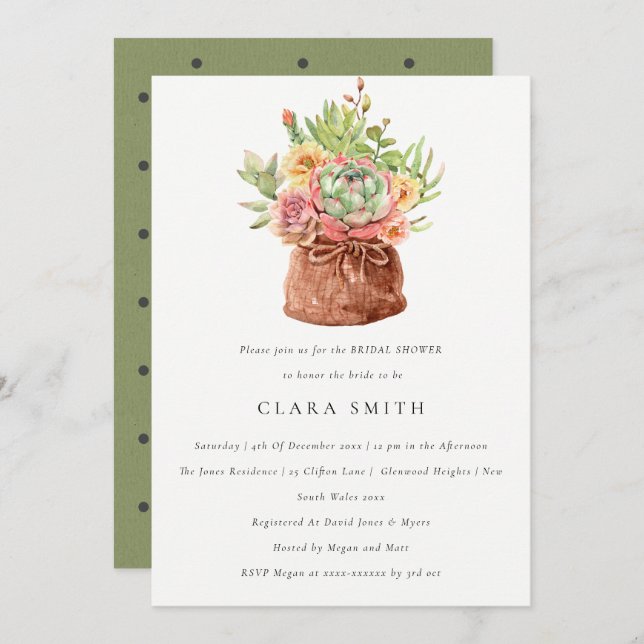 GREEN DESERT SUCCULENT CACTI FOLIAGE BRIDAL SHOWER INVITATION (Front/Back)