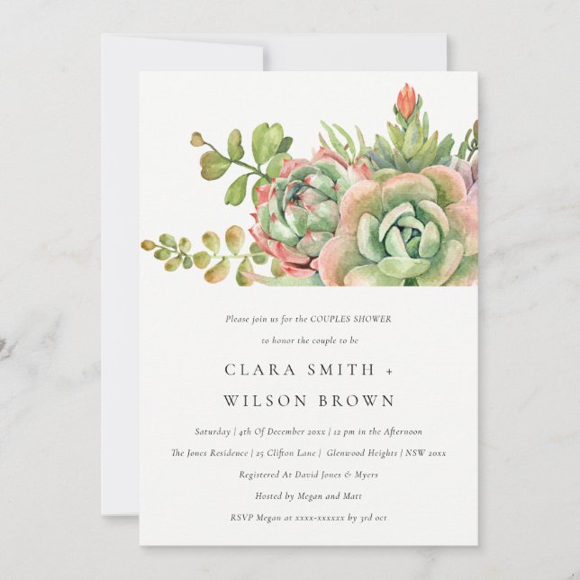 GREEN DESERT SUCCULENT CACTI FOLIAGE COUPLE SHOWER INVITATION (Front)