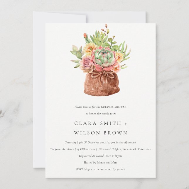 GREEN DESERT SUCCULENT CACTI FOLIAGE COUPLE SHOWER INVITATION (Front)