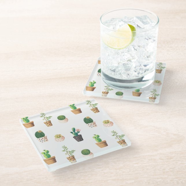 Green Dessert Succulent Cactus in Pots Glass Coaster (Angled)
