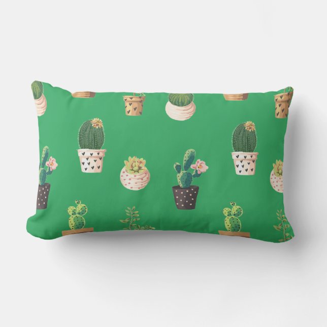 Green Dessrt Succulent Cactus in Pots Lumbar Cushion (Front)