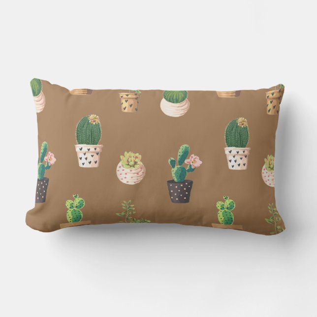 Green Dessrt Succulent Cactus in Pots Lumbar Cushion (Front)