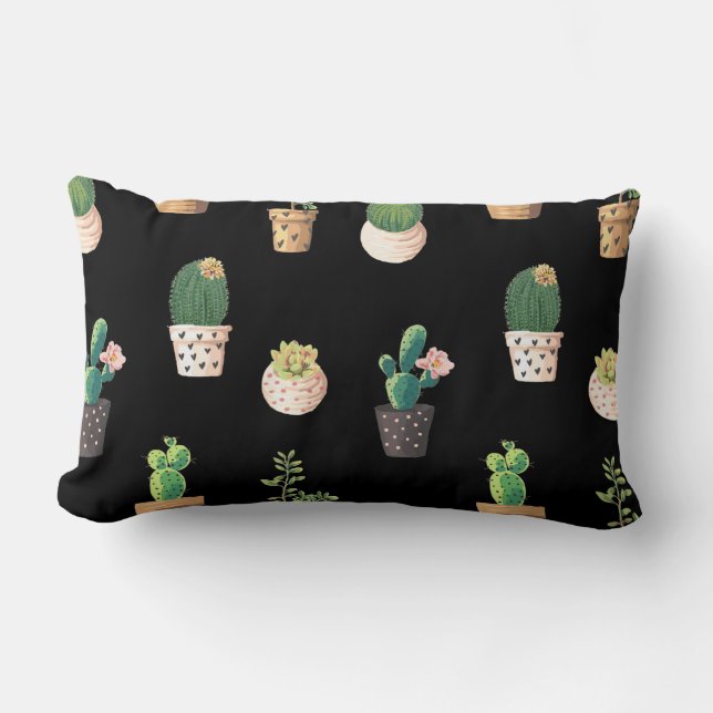 Green Dessrt Succulent Cactus in Pots Lumbar Cushion (Front)