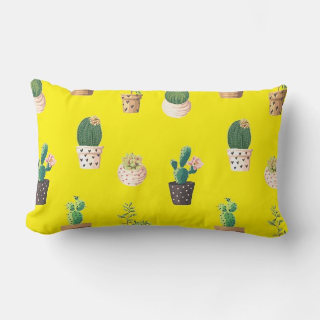 Green Dessrt Succulent Cactus in Pots Lumbar Cushion (Front)