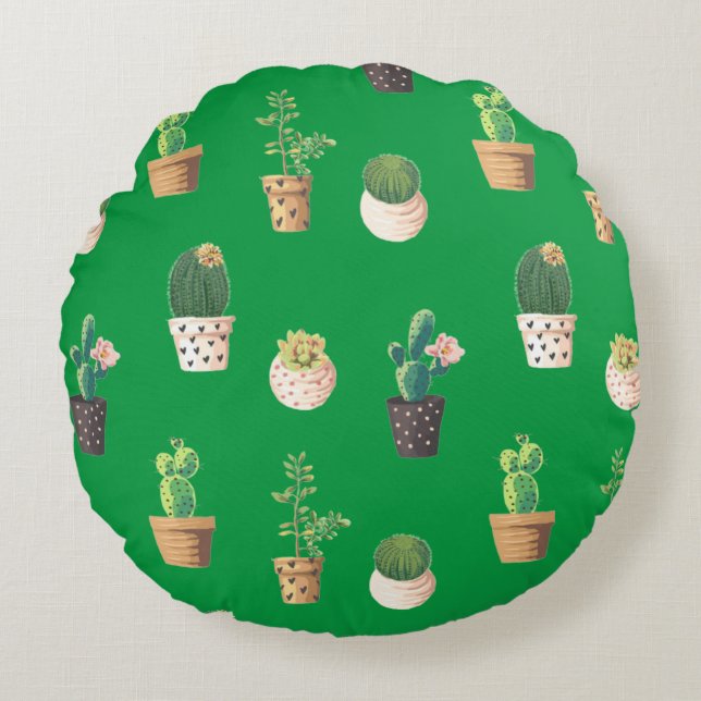 Green Dessrt Succulent Cactus in Pots Round Cushion (Front)