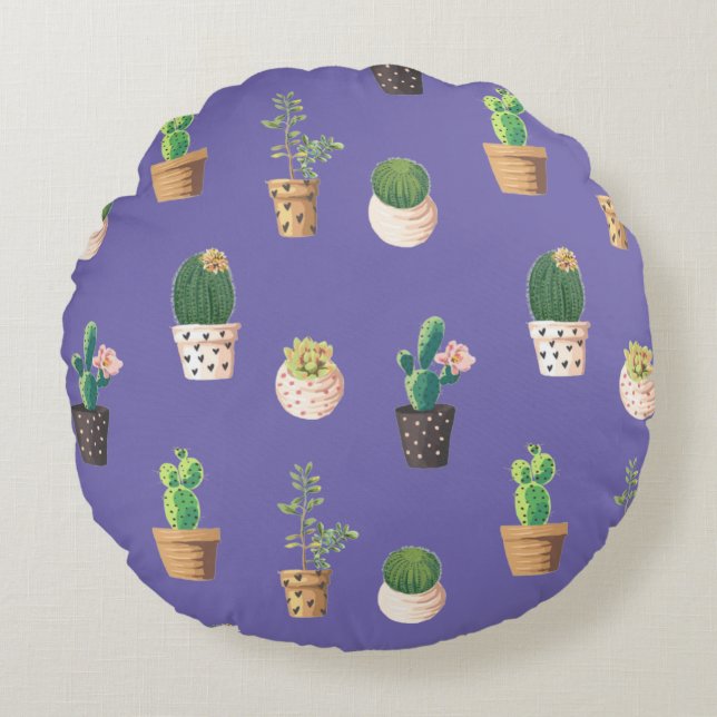 Green Dessrt Succulent Cactus in Pots Round Cushion (Front)