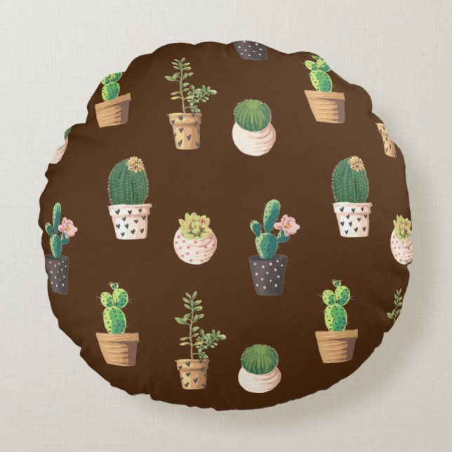 Green Dessrt Succulent Cactus in Pots Round Cushion (Front)