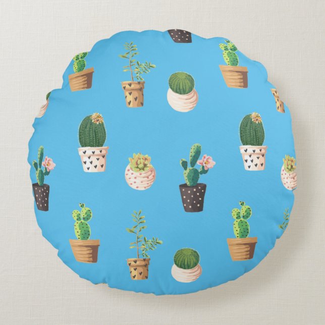 Green Dessrt Succulent Cactus in Pots Round Cushion (Front)