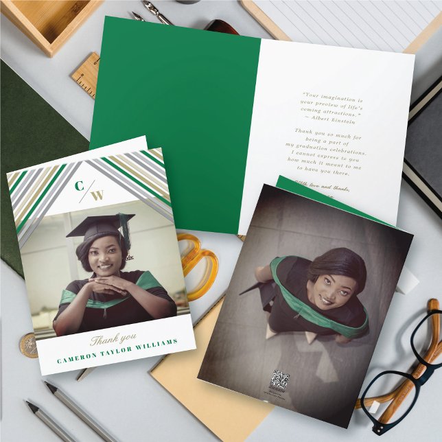 Green Diagonal Stripes Photo Modern Graduation Thank You Card (Green Gold Grey Diagonal Stripes Photo Modern Graduation Thank You Card @ zazzle.com/color_therapy)