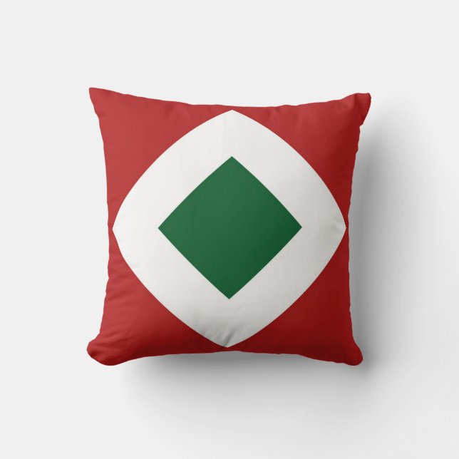 Green Diamond, Bold White Border on Red Cushion (Front)