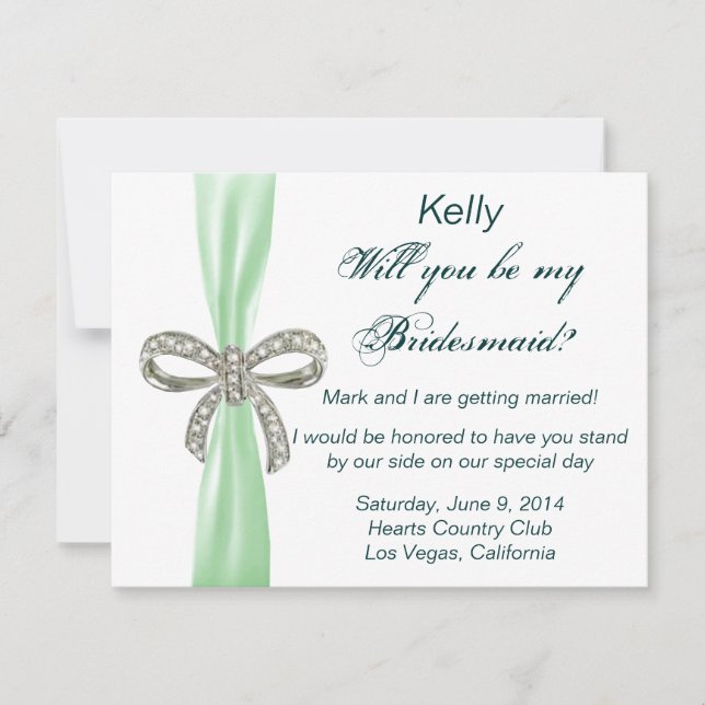 Green Diamond Bow Wedding Bridesmaid Card (Front)