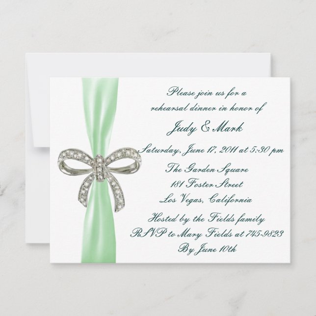 Green Diamond Bow Wedding Rehearsal Dinner Invite (Front)