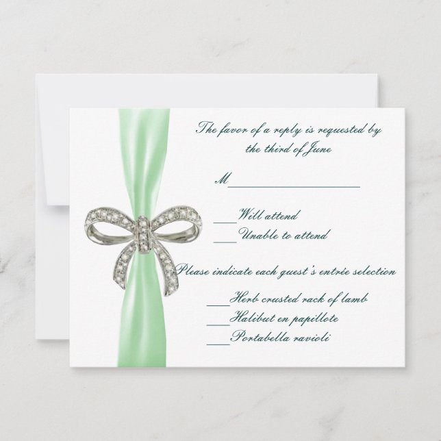 Green Diamond Bow Wedding Response Card (Front)