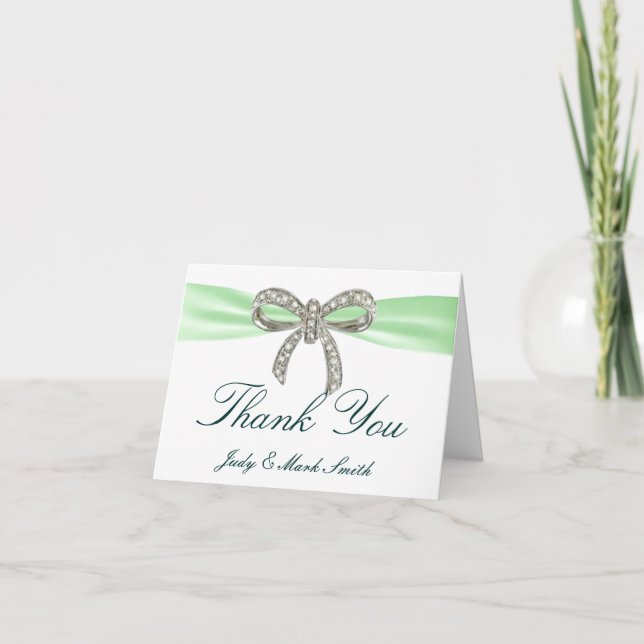 Green Diamond Bow Wedding Thank You Card (Front)