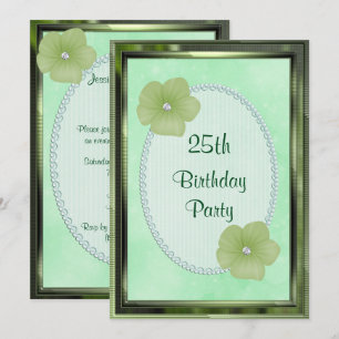 Green Diamond Flowers & Pearls 25th Birthday Invitation