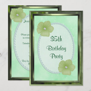 Green Diamond Flowers & Pearls 35th Birthday Invitation