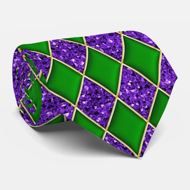 Green Diamond Purple Sequin Pattern Mardi Gras Tie (Rolled)