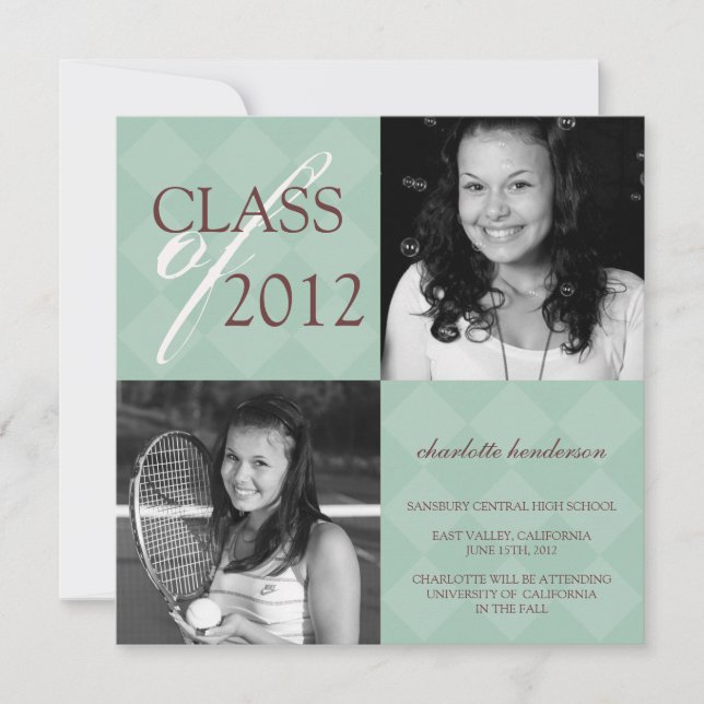 Green diamond square photo graduation announcement (Front)