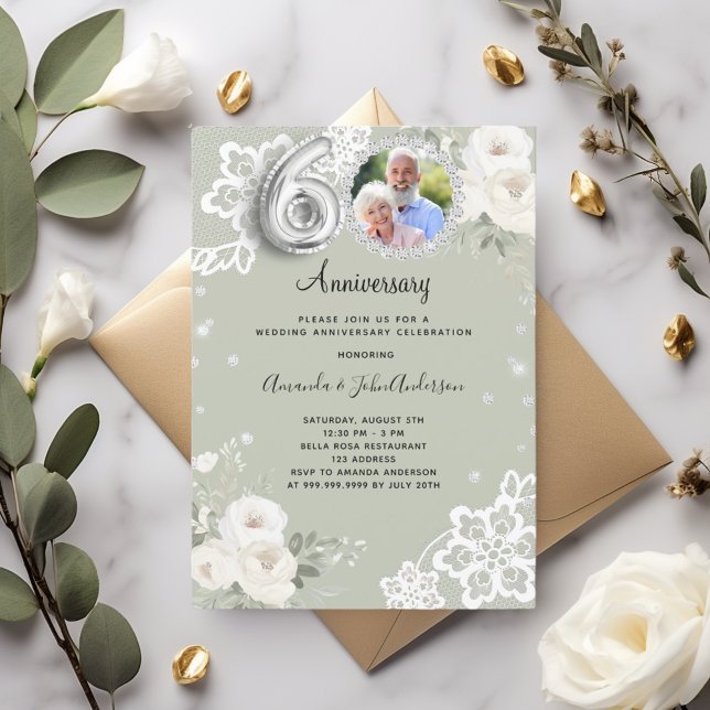 Green diamonds florals 60th wedding anniversary invitation (Creator Uploaded)