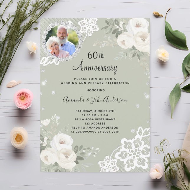 Green diamonds florals 60th wedding anniversary invitation (Creator Uploaded)