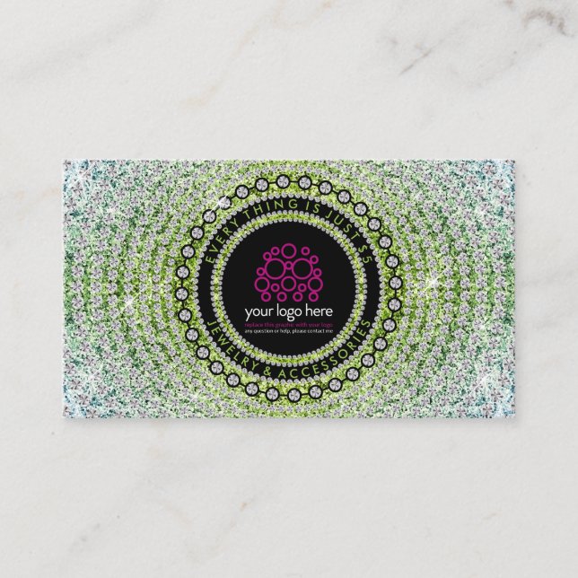 Green Diamonds Luxury Pattern Jewellery Business Card (Front)
