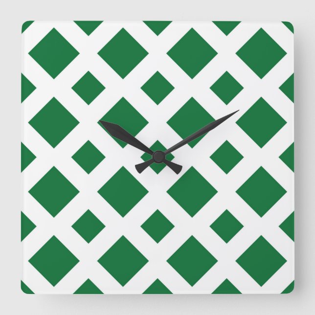 Green Diamonds on White Square Wall Clock (Front)