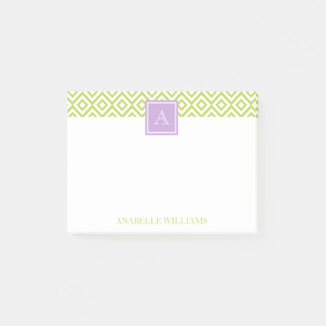 Green Diamonds Pattern and Purple Monogram Post-it Notes (Front)
