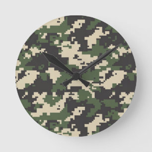 Green Digital Camouflage Pattern Round Clock