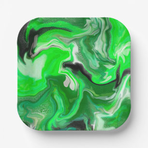 Green Digital Fluid Marble Art       Paper Plate